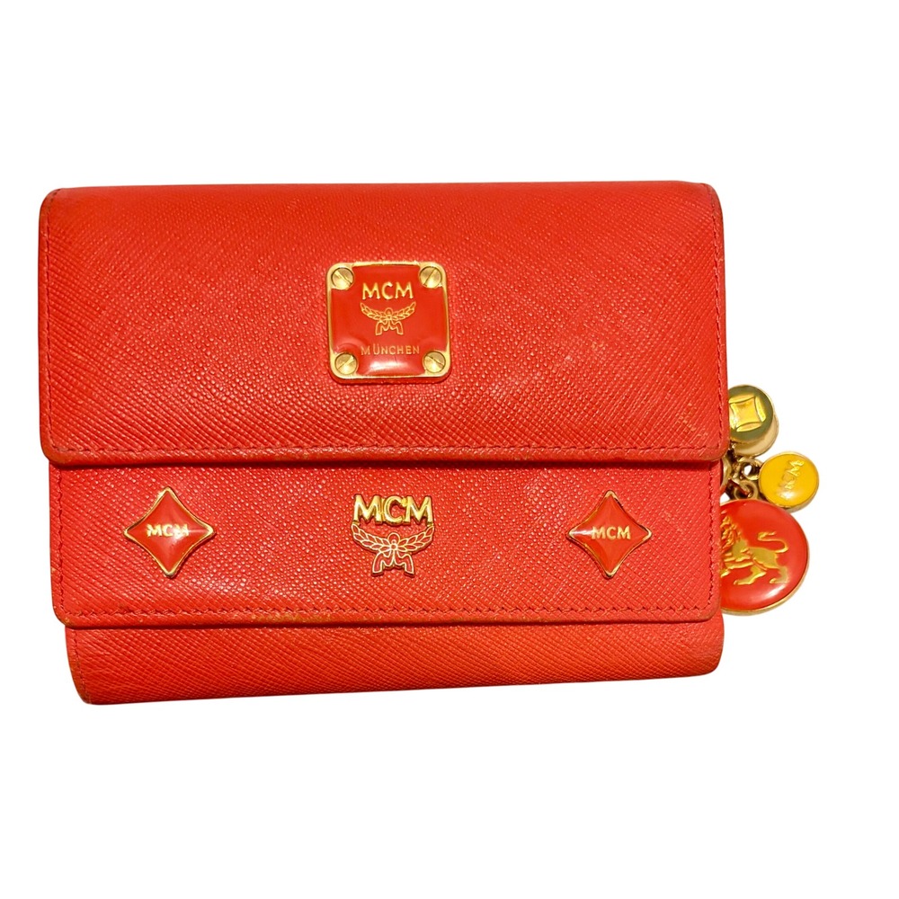 MCM Orange Leather Medium Trifold Wallet Gold Charm Logo Hardware